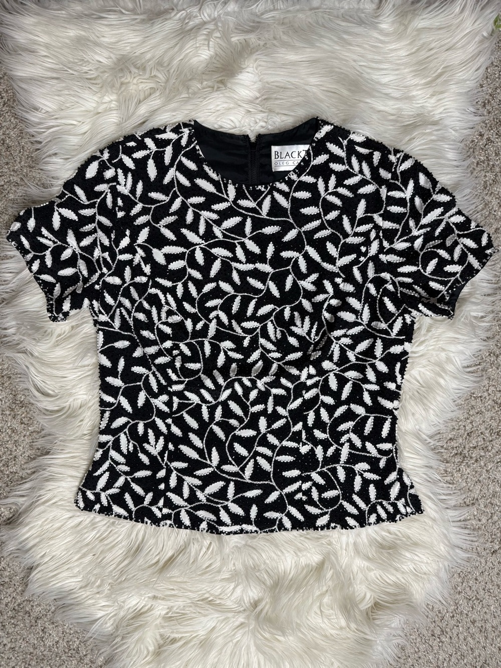 Vintage Silk BlackTie Oleg Cassini Black & White Beaded Top 6
